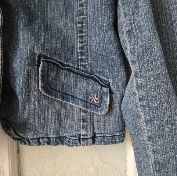 American Eagle Blue Denim Blazer Jacket Pink Trim L/G - Picture 3 of 5